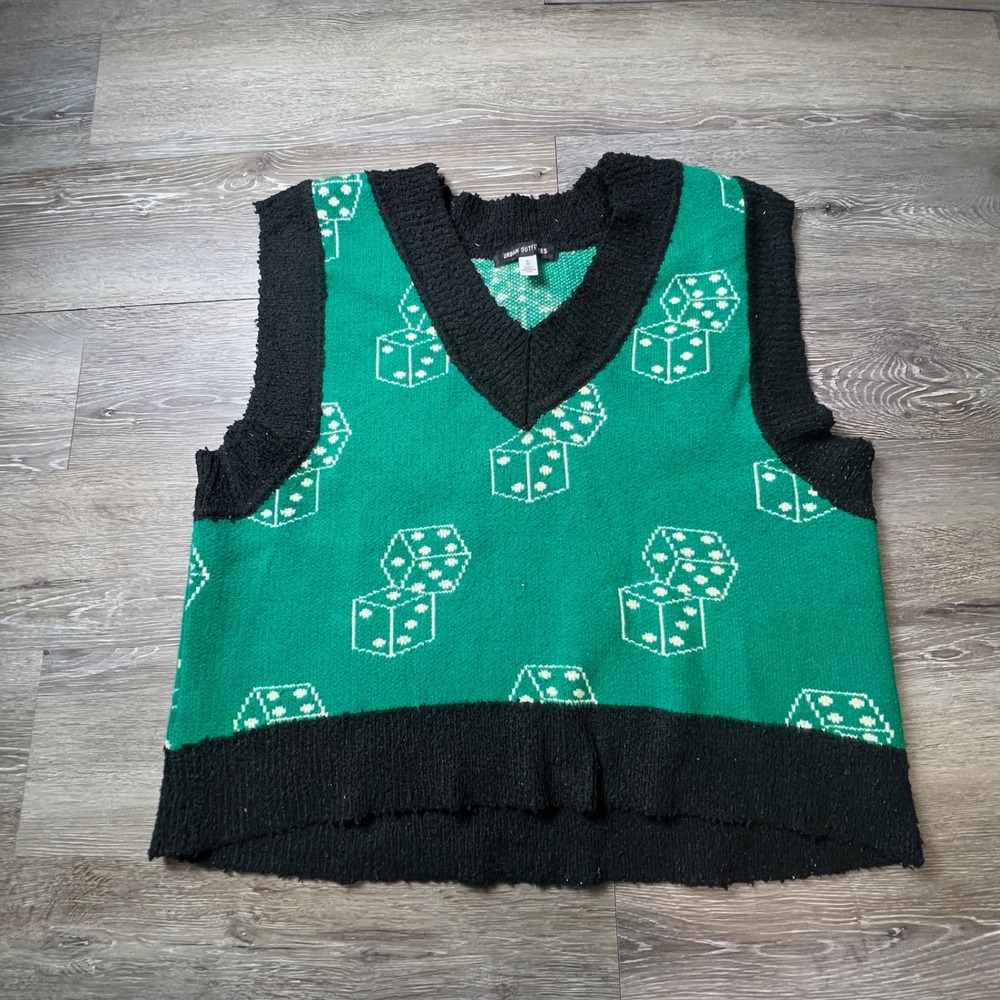 Urban Outfitters Sweater Vest Mens Large Green Dice V-Neck Streetwear Knit